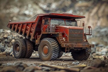 Obraz premium A robust dump truck navigates through an active quarry, transporting gravel amidst rugged terrain and rocky landscapes, showcasing its essential role in heavy construction operations.
