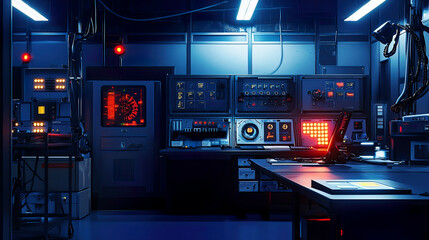 Obraz premium Photorealistic scene of advanced robotics lab, glowing control panels, sharp lighting