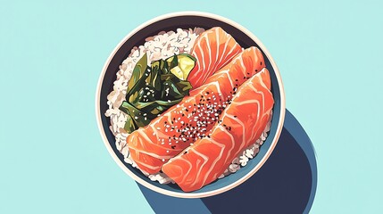 Delicious salmon sushi served over rice with seaweed and sesame, showcasing vibrant colors and fresh ingredients.