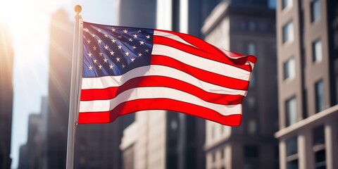 Naklejka premium Patriotic American Flag Waving Before City Skyline at Dusk - Symbol of Freedom and Democracy