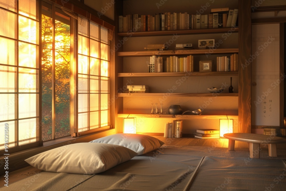 Canvas Prints A cozy bedroom with a bed and a window