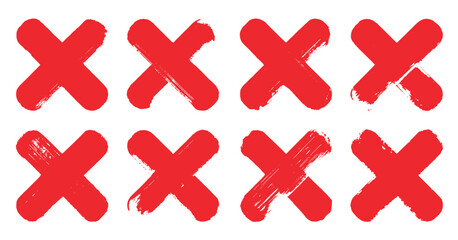 Obraz premium Bold thick red hand painted X or cross mark with round corner textured brush strokes watercolor ink, choice mistake error cancel incorrect.
