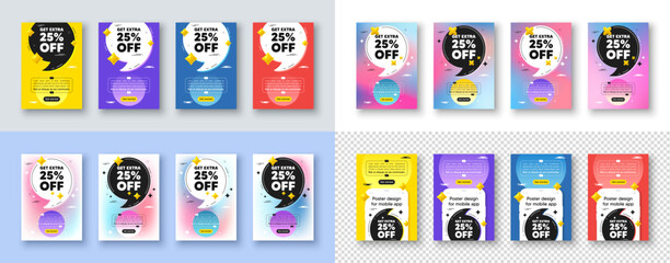 Poster templates design with quote, comma. Get Extra 25 percent off Sale. Discount offer price sign. Special offer symbol. Save 25 percentages. Extra discount poster frame message. Vector