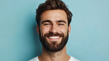 Obraz premium Happy man with beard smiling against a blue background.