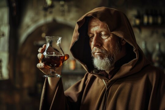 A monk sipping on a glass of alcohol in a relaxed atmosphere