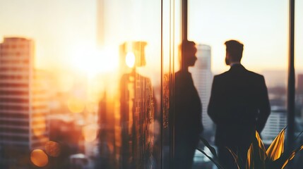 Silhouette of a businessman standing by a window, reflecting on the cityscape at sunset, symbolizing ambition and solitude.