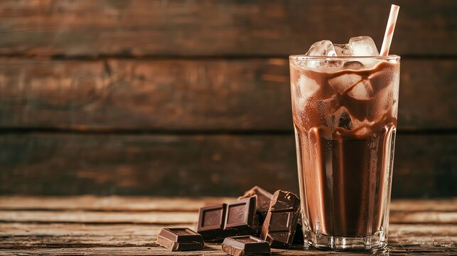 Refreshing iced chocolate drink with ice cubes, served in a glass, alongside delicious dark chocolate pieces.