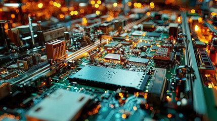 Obraz premium Photorealistic view of a Pick and Place machine rapidly assembling components on a circuit board, bright industrial environment, automated electronics production, intricate details