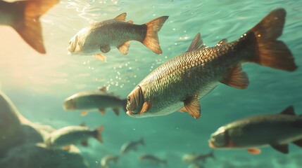 Naklejka premium Underwater scene featuring a school of fish swimming gracefully in clear blue water, illuminated by natural sunlight.