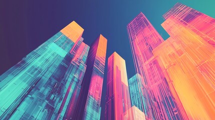 Vibrant digital skyscrapers with colorful neon lighting against a twilight backdrop. A mesmerizing blend of modern architecture and art.