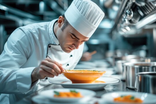 Chef tasting soup in professional kitchen