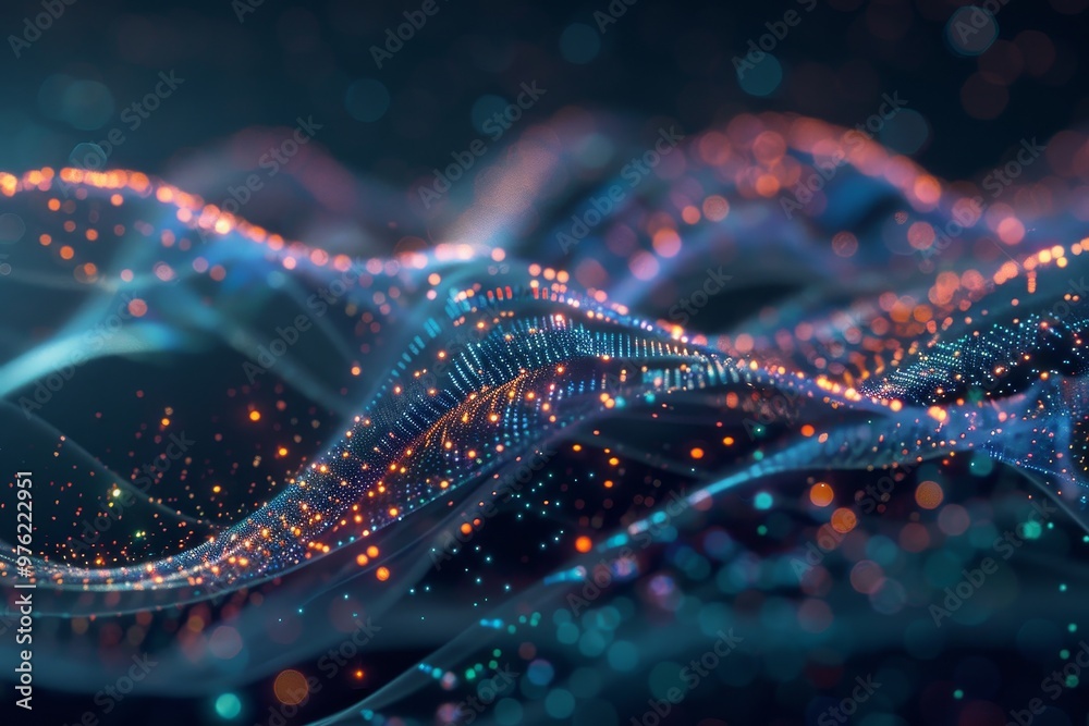 Poster colorful digital waves undulate with glowing particles against a dark background, creating a captiva