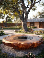 Obraz premium Rustic natural stone birdbath in garden under tree canopy