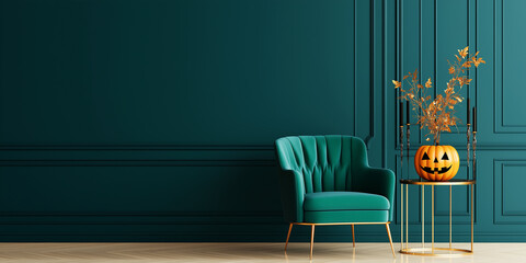 Minimal dark teal green interior wall with couch and jack o lantern vase, minimal halloween interior decor