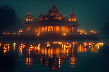 Fototapeta premium A silhouette of a temple adorned with glowing lanterns reflecting in the tranquil waters during Diwali festival 