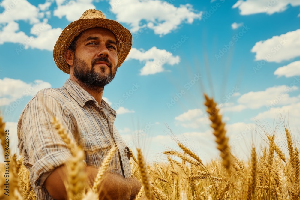 Wall mural rural farmer standing in wheat field under clear blue sky