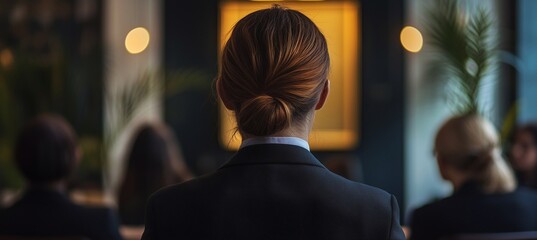 A woman in business attire with her hair tied back is standing at the front of an office meeting room, facing people. The shot is taken from behind her shoulder.