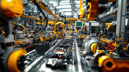 Wide-angle shot of an intelligent factory featuring a robotic camera vision system, monitoring components on the assembly line, Industry 4.0 automation, intricate details, ultra-realistic