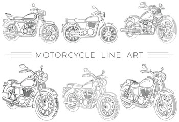 Motorbike Vector Illustration Design Bundle, Motorcycle line art, Vintage style Motorcycle, Adult Coloring Page, Coloring Book, line drawing, set of motorbike, concept art, classic motorbike, elements