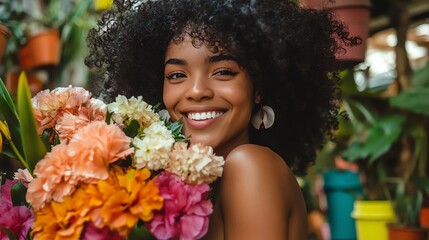 Young woman with afro hair smiling with flowers.