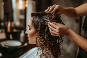 Relaxing salon hair treatment with gentle scalp massage in cozy atmosphere