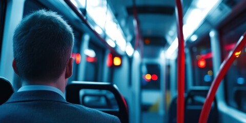 A man in formal business attire sits inside a modern, brightly lit city bus, representing urban commuting, professionalism, and the daily routine of city life.