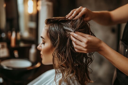 Relaxing salon hair treatment with gentle scalp massage in cozy atmosphere