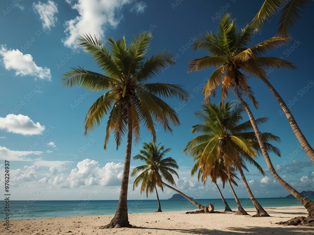 Poster Tropical island with palm trees under a clear blue sky, evoking a relaxing atmosphere.