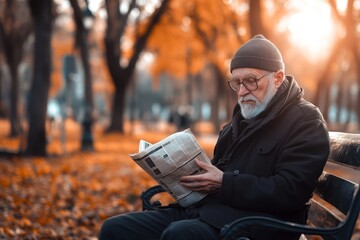 Fototapeta premium Elderly man in autumn park reading newspaper on bench at sunset