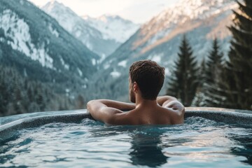 Tranquil mountain retreat: relaxing in a hot tub with stunning snowy alpine view