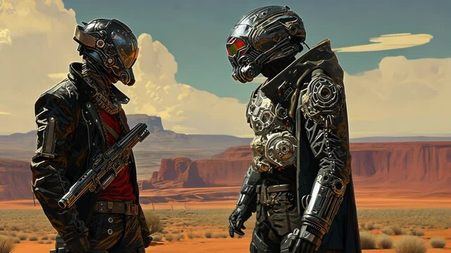 Space cowboys in sci-fi western scene. Sci-fi warriors of the wasteland