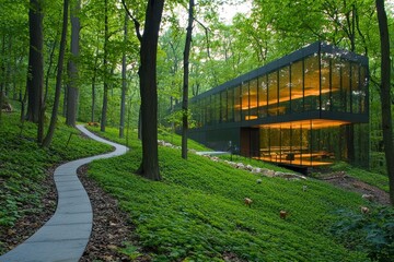 Scenic wooden footpath through lush green forest with modern glass structure in distance