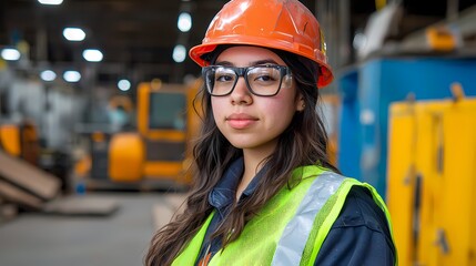 Young Latina woman in safety gear, confidently posing in a warehouse setting.