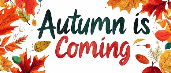 Obraz premium Colorful autumn leaves frame the cheerful text 'Autumn is Coming'.