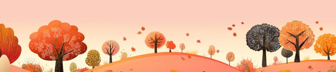 Whimsical autumn landscape with colorful trees and falling leaves.