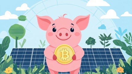 Obraz premium A cartoon pig holding a Bitcoin coin in front of solar panels.