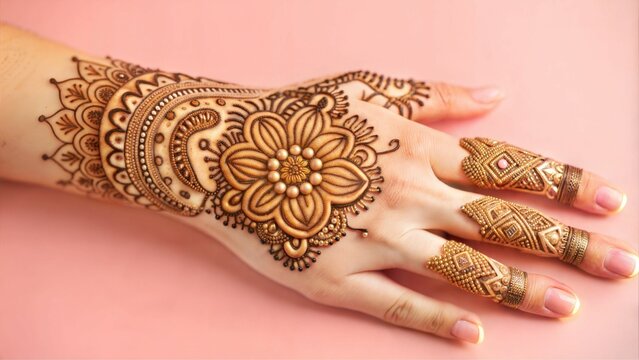 Exquisite henna design featuring floral patterns on woman's hand adorned with decorative bangles