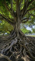 A majestic centenarian tree with a massive trunk sprawling roots stands proudly in a serene park