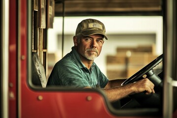 Truck driver in red truck cabin focused on his route