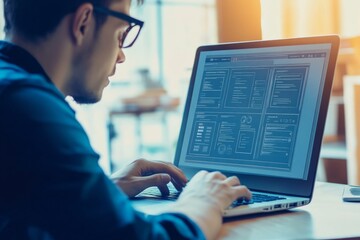Developer working on laptop with software interface in modern office setting