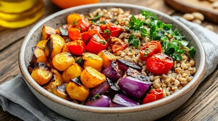Closeup of a bowl of roasted vegetables and grains.