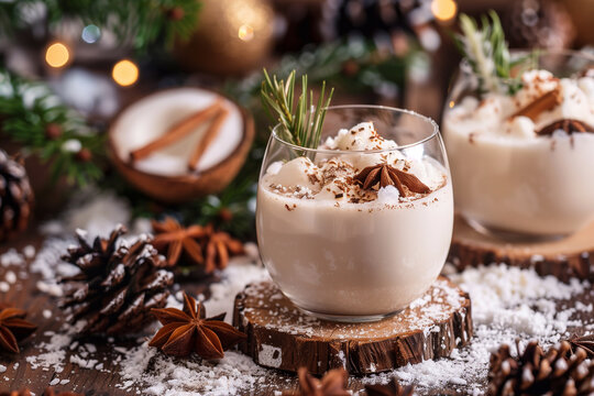 Traditional Puerto Rico cocktail Coquito. Christmas drink Eggnog.