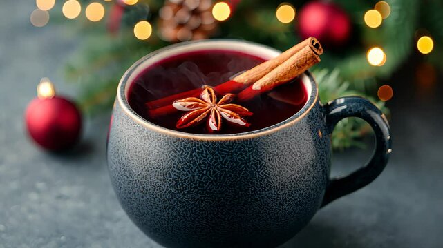 Steaming up festive spiced mulled wine with cinnamon and star anise during the holiday season at home