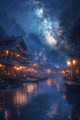 Obraz premium Three boats are floating on a river with a beautiful night sky in the background