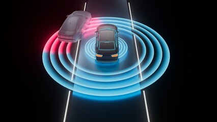 ADAS image showing radar detection surrounding a vehicle, highlighting lane keeping, blind-spot monitoring, and collision avoidance to enhance safety and automation.