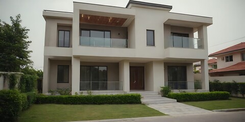 Fototapeta premium Modern Luxury Home Exterior at Twilight with Illuminated Interiors and Exterior Lights - Contemporary Architecture Design