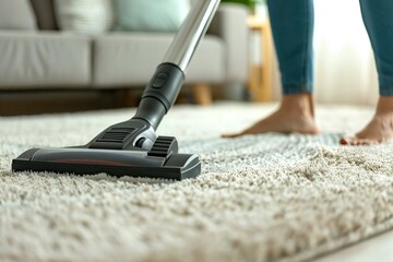 close up shot of a person's lower body cleaning a carpet with a vacuum cleaner in a living room.