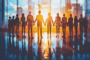 group of diverse people silhouettes holding hands in a symbol of unity and inclusion in the workplace.