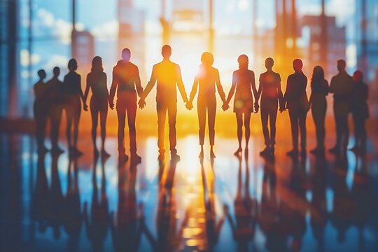 group of diverse people silhouettes holding hands in a symbol of unity and inclusion in the workplace.