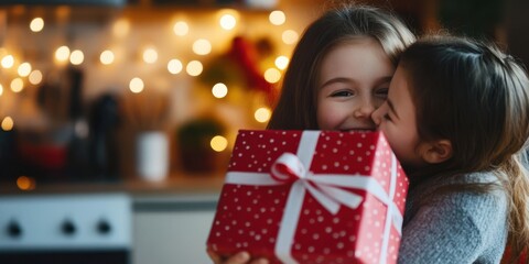 Two children share a tender moment with a beautifully wrapped gift, capturing the essence of happiness, friendship, and warmth in a cozy, festive atmosphere.